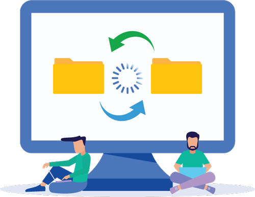 Graphic of computer monitor with file folders syncing to each other to represent Acctivate Inventory Management to answer, What is QuickBooks integration?