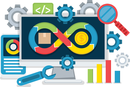 Graphic of computer monitor with infinity symbol around boxes and currency to represent Acctivate Inventory Software to answer, What is QuickBooks integration?