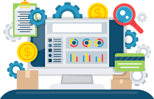 Graphic of computer monitor with graphs, gears, coins, boxes to represent Acctivate Inventory System to answer, What is QuickBooks integration?