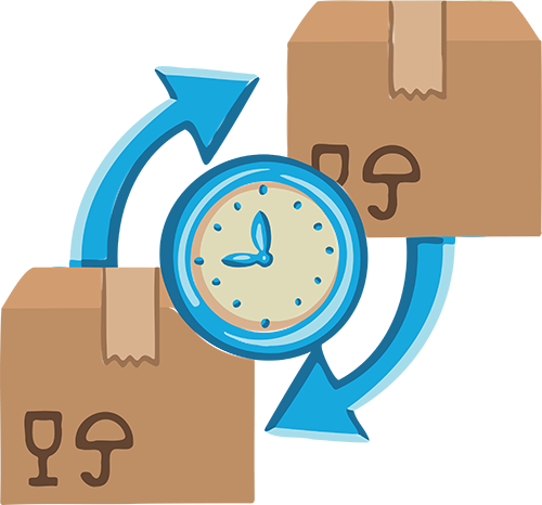 Graphic of packages and arrows around a clock to represent the improvement of turnover rate of inventory with Acctivate Inventory Management Software for What is inventory turnover rate?