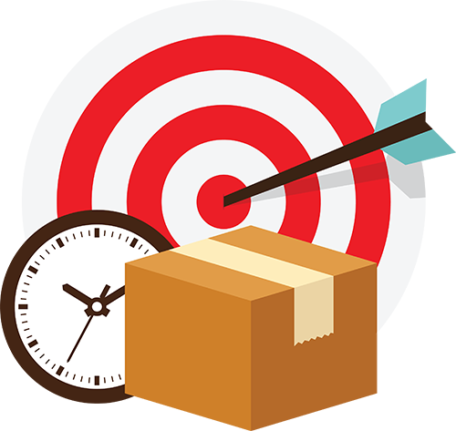 Graphic of package in front of clock and bullseye target to represent the perfect turnover rate with Acctivate Inventory System for What is inventory turnover rate?