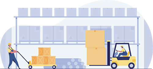 Graphic of workers moving inventory in warehouse to represent "What is SKU rationalization?" for Acctivate Inventory Management Software.