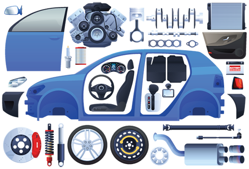 Graphic of car parts to represent "What is a BOM?" as answered by Acctivate Inventory Software with assemblies.