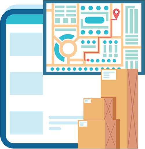 Graphic of packages and warehouse map in front of tablet to represent "How can we improve order fulfillment?" answered by Acctivate Inventory Management.