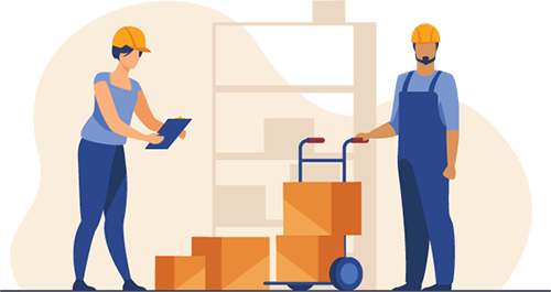 Graphic of workers with dolly and boxes near shelves to represent "What is a stock transfer?" answered by Acctivate Inventory Management.