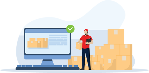 Graphic of worker with computer next to boxes to represent "What is a stock transfer?" answered by Acctivate Inventory Software.