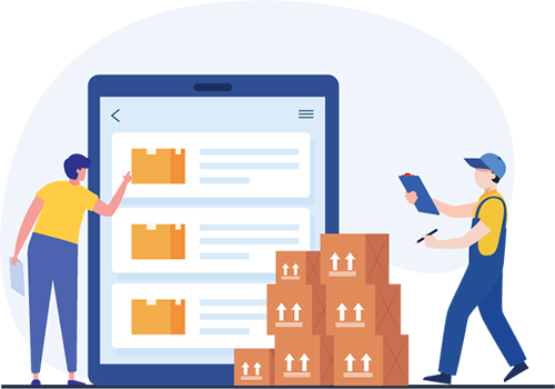 Graphic of workers standing by tablet and boxes to represent "What is centralized inventory management software?" answered by Acctivate Inventory Management.