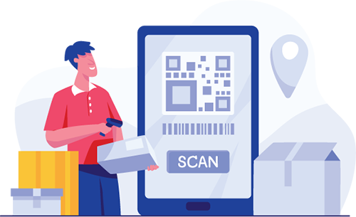 Graphic of worker scanning a barcode next to a tablet and boxes to represent "What is centralized inventory management software?" answered by Acctivate Inventory Software.