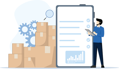 Graphic of worker next to a tablet, boxes and gears to represent "What is centralized inventory management software?" answered by Acctivate Inventory System.
