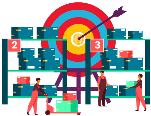 Warehouse shelves and workers with target and bullseye representing how do you forecast inventory and ensure you have the right amount of stock on hand