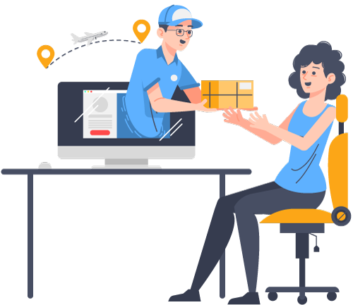 Customer receiving order fast with delivery coming through computer representing quick and easy fulfillment with an order management system