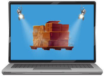 Laptop screen with dusty boxes on a pallet being lit up by spotlights to represent what is obsolete inventory and how inventory software helps identify it