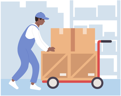 Person in warehouse with boxes on a dolly