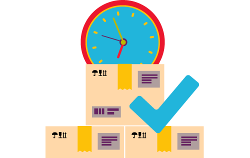 Boxes with checkmark and clock representing what is real-time inventory management?