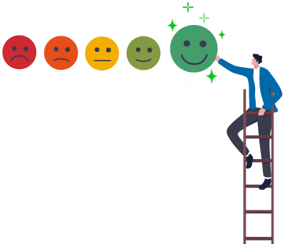 Person on ladder holding a green smiling face to represent the handheld inventory tracking objective of customer satisfaction