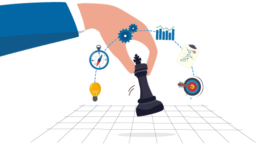 Hand with queen chess piece surrounded by graphics representing efficiency for the handheld inventory tracking objective of improving efficiency