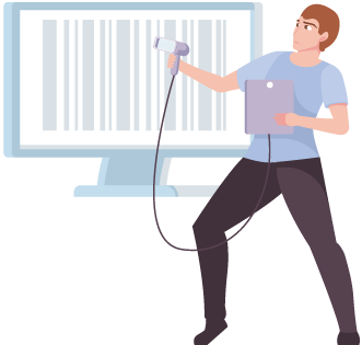 Person with tethered barcode scanner and computer monitor in the background with a barcode on-screen representing, "How do I start barcoding my inventory?" and "What hardware is right for my business?"