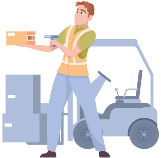 Warehouse worker scanning box with barcode with a forklift in the background to represent, "How do I start barcoding my inventory in my warehouse?"