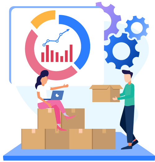 People with boxes and computer and a background of charts and gears to represent monitoring and improving inventory management by improving order processing