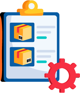 Clipboard with boxes and text lines showing sales orders and a gear representing, "How do you improve order processing?"