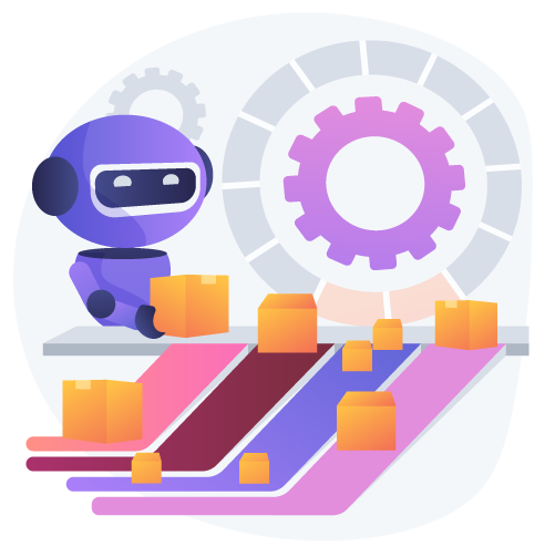 Robot sorting boxes with gears in the background representing how does inventory software work and what automations and integrations does it have
