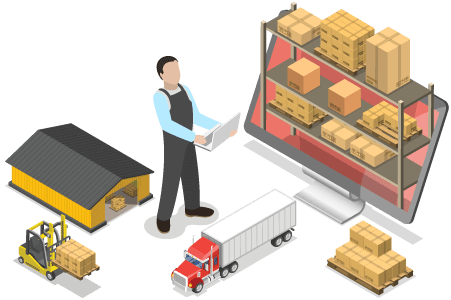 Person with laptop surrounded by a warehouse, forklift, truck, pallet of boxes, and shelf of boxes coming out of a monitor to represent, "What is multi-channel fulfillment and best practices for managing it?"