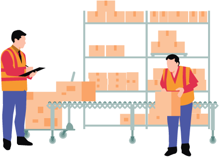 Warehouse workers with boxes and conveyor belt fulfilling orders while facing challenges in picking and packing