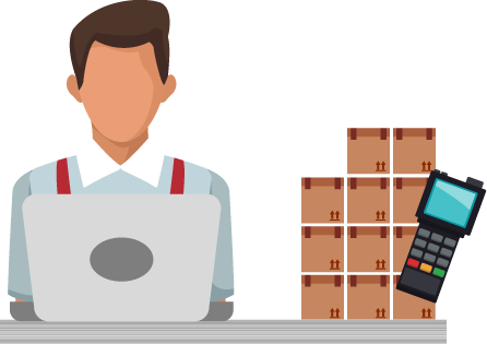Warehouse worker on computer with boxes and barcode scanner in the background to represent what is picking and packing and how does technology help