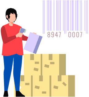 Person scanning barcode on box with handheld scanner device to improve warehouse operations