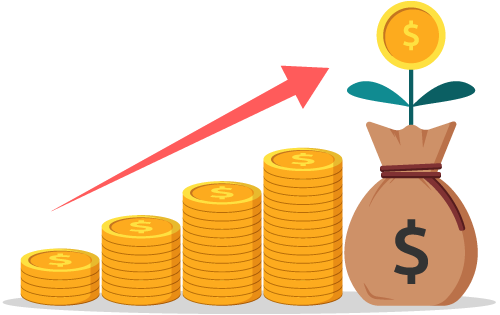 Piles of coins increasing upwards with arrow pointing to money bag with a money plant representing the benefits that EDI delivers to businesses for growth