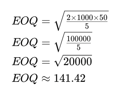 Plugging in numbers to the EOQ formula to show how to calculate economic order quantity