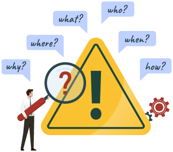 A caution/yield sign by a person with a magnifying glass displaying a question mark, gears and speech bubbles of questions representing EOQ limitations and considerations