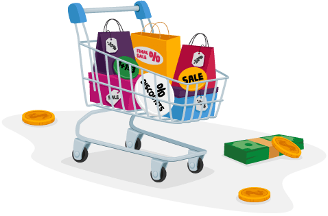 Shopping cart filled with bags and elements showing discounts representing one of the strategies to eliminate obsolete stock