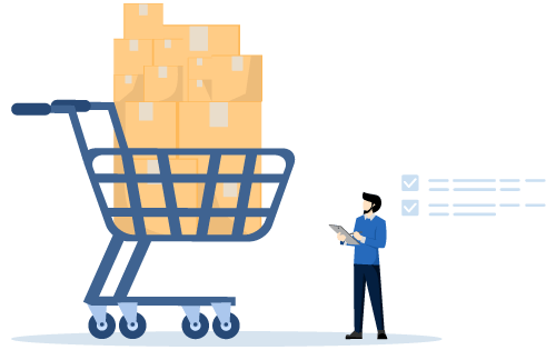 Person looking at oversized shopping cart filled with boxes representing benefits of faster inventory turns that come with successfully selling inventory and meeting consumer demands