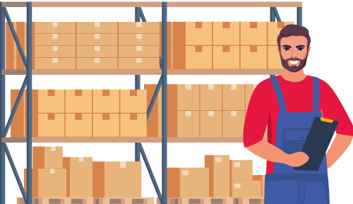 Smiling person in front of warehouse shelf of boxes representing benefits gained from performing inventory cycle counts