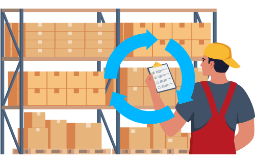 Person with clipboard facing warehouse shelf with boxes and circular arrows representing inventory cycle counting