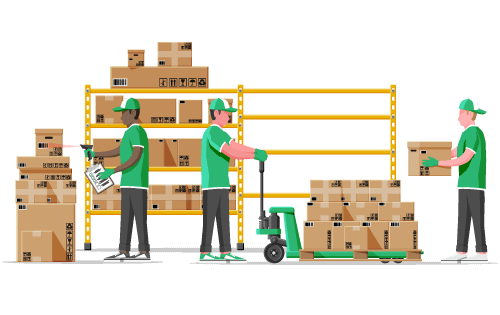 Workers in warehouse with technology, like a barcode scanner to automate warehouse tasks