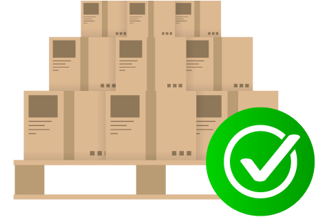 Boxes stacked on pallet with a checkmark in a green circle to represent increased accuracy as one of the benefits of inventory software