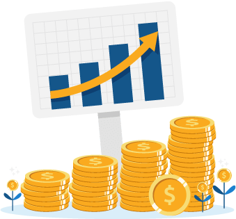 Chart with upward trend behind coin stacks increasing in height and flowers growing coins to represent scalability and growth support as one of the benefits of inventory software