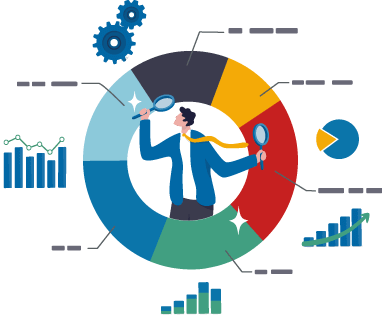 Person in middle of circular graph with magnifying glasses looking at data to represent visibility and insight as one of the benefits of inventory software