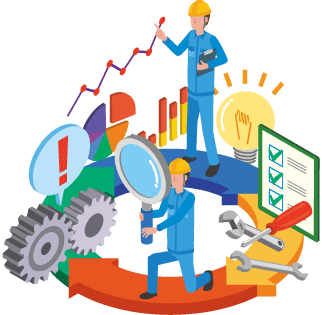 People on top of circular arrow diagram surrounded by graphs, gears, lightbulb, and tools representing continuous improvements with purchasing decisions