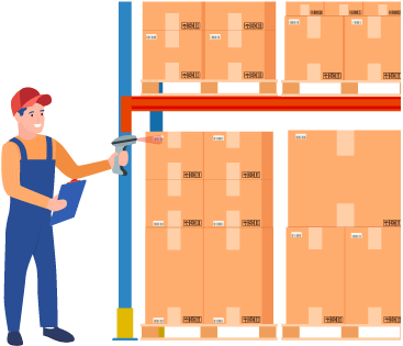 Person scanning barcoded boxes on warehouse shelf to represent benefits of eCommerce order management consolidation with other orders