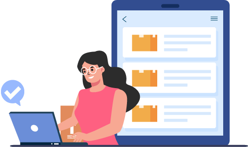 Person on laptop with a hovering checkmark and screen in background with a list displaying boxes to representing managing all orders in one system including eCommerce orders