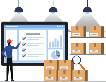 Person looking at enlarged screen displaying a list, graph and pie chart within a warehouse representing the features that order management and inventory software deliver to help streamline eCommerce order management