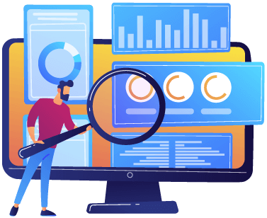 Person with oversized magnifying glass looking at data popping out of a computer screen to represent that inventory software helps forecast demand accurately