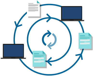 Circular arrows with 2 computers and documents representing the flow of transactions with EDI trading partners