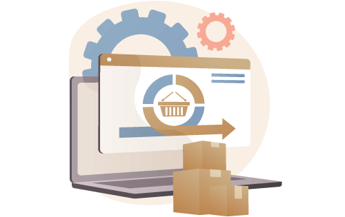 Laptop with screen popping out showing a shopping basket in a circle with an arrow with boxes and gears by it to represent managing orders from all sales channels in one system