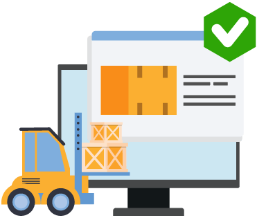 Oversized computer monitor with inventory software window popping out with a checkmark and small forklift to represent using inventory software to improve order accuracy