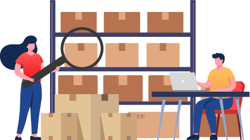 Person at desk with laptop and another person holding an oversized magnifying glass towards a warehouse shelf to represent conducting regular audits to improve order accuracy