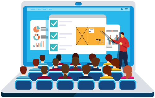 Oversized laptop with audience on keyboard and person presenting and pointing at screen with software windows representing training and empowering staff to improve order accuracy